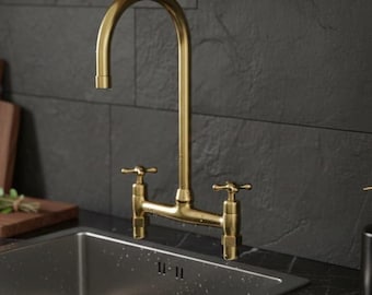 Unlacquered Brass Bridge Faucet: Gooseneck Kitchen Tap, Dual Handle Farmhouse Fixture