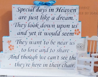 Special Days in Heaven poem table top display handmade memorial decor, bereavement gift, loss of a loved one, keep an open seat, empty chair