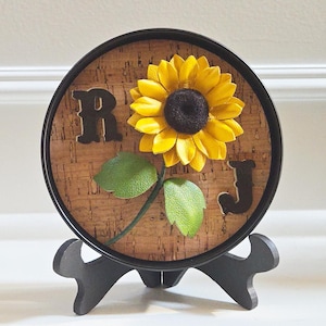 Leather sunflower daisy dahlia personalized metal / wood decor Thanksgiving 3rd third 9th ninth leather anniversary gift for her and couple