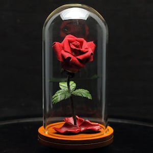Leather rose in glass dome personalized bright red leather flower third 3rd leather anniversary wedding gift for her and couple forever rose