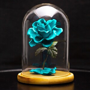 Leather rose in glass dome cloche personalized turquoise teal leather flower third 3rd leather anniversary wedding gift for her and couple