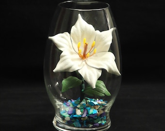 Leather Lily in Glass Vase White Stemmed Easter Flower Third Anniversary Gift For Her and Couple Ninth Wedding Anniversary Gift Mother's Day