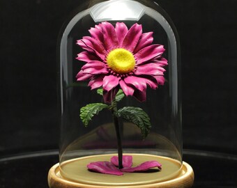 Leather daisy gerbera in glass dome fuchsia long stem flower third anniversary gift for her and couple ninth wedding anniversary gift