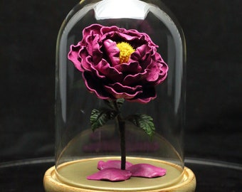 Leather peony in glass dome fuchsia purple personalized long stem flower third anniversary gift for her and couple ninth wedding anniversary