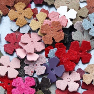 Leather flower die cuts 100 small blossoms wholesale variety of colors DIY Pet, Cat, Dog Collar Applique genuine leather image 1