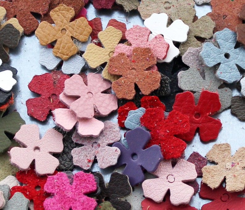 Leather flower die cuts 100 small blossoms wholesale variety of colors DIY Pet, Cat, Dog Collar Applique genuine leather image 1