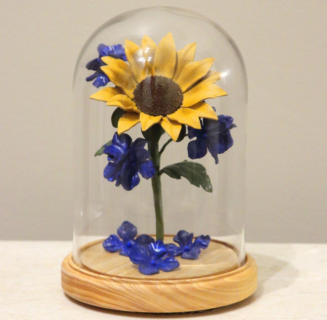 Leather Sunflower and Hydrangea Flower in Glass Dome With Wood Third