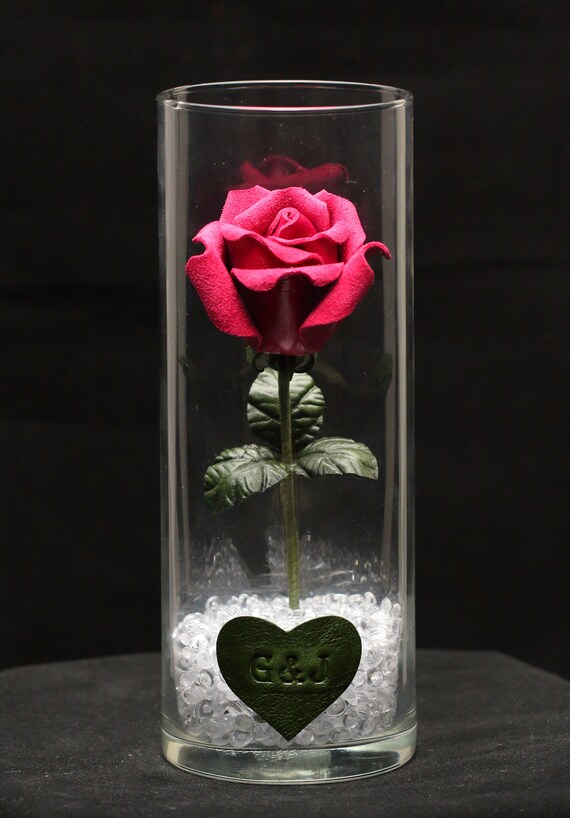 Cuir Rose Fleur En Cuir Magenta Personnalisé En Verre Vase Troisième 3ème Cuir Cadeau Danniversaire Pour Son 9e 4ème Mariage Cadeau Pour Couple