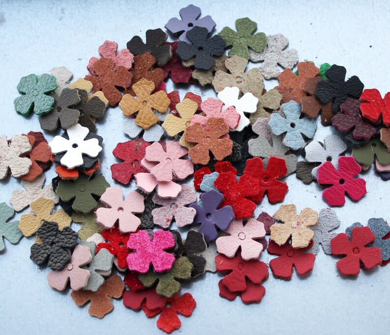 Leather flower die cuts 100 small blossoms wholesale variety of colors DIY Pet, Cat, Dog Collar Applique genuine leather image 2