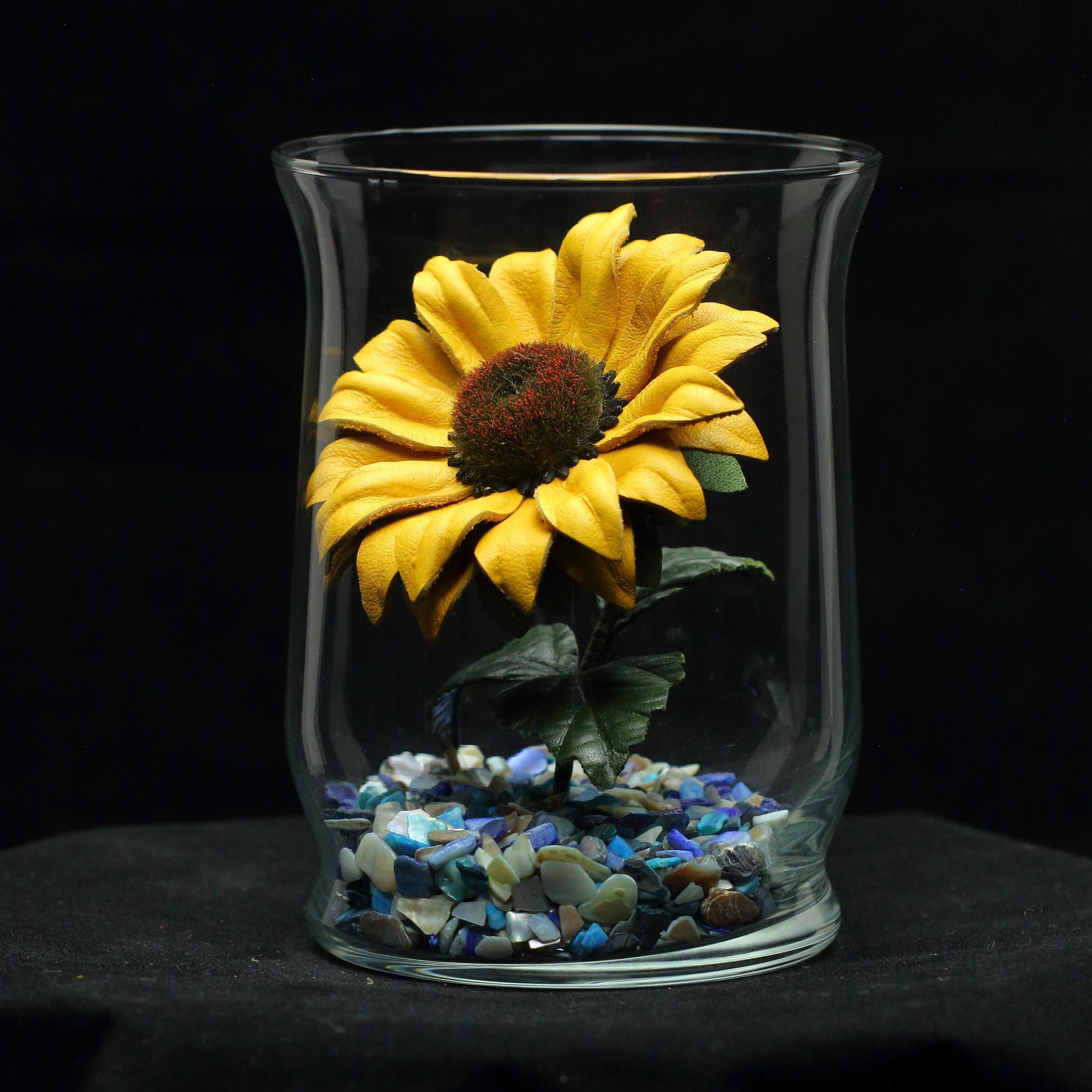 Leather sunflower in glass dome golden yellow long stem flower third