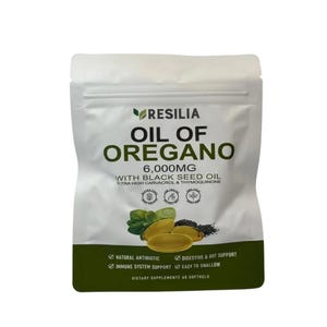 Puede incluir: Una bolsa blanca de suplemento dietético Resilia Oil of Oregano 6.000 mg con aceite de semilla negra. El envase presenta texto verde, ilustraciones de hojas de orégano y semillas negras, tres cápsulas doradas y 60 cápsulas en total.
