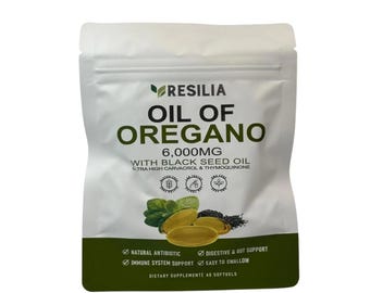 Resilia Öl von Oregano 6000 mg mit Schwarzkümmelöl Softgels 60 Kapseln Immunsystem Unterstützung Kräuterergänzung Tägliches Wohlbefinden