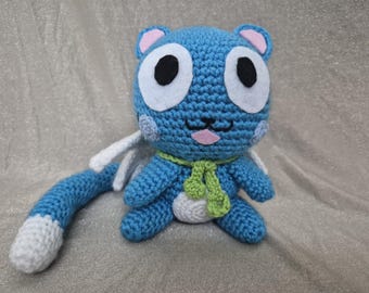 Handgefertigtes Einzelstück Happy from Fairy Tail Amigurumi Plüsch – Gehäkelte Blaue Katze
