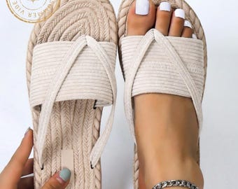 Sandalias de mujer / Sandalias planas informales sin cordones / Sandalias de verano para interior y exterior, playa / Albaricoque y negro /