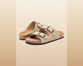 Beige Doppelschnalle Flache Sandalen Slip-On Ruhig