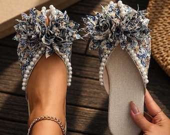 Floral Pearl Slide Sandals for Women,Handmade Summer Slippers,Beach Shoes,Mothers Day Gift,