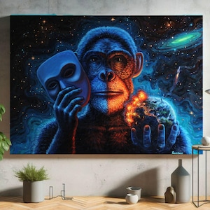 May include: A surreal painting depicts a chimpanzee holding a blue mask and a glowing Earth. The artwork features a split face, with one side in blue and the other in orange, set against a starry cosmic background.