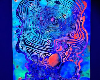 May include: A rectangular wall tapestry featuring a black light reactive design with concentric wavy lines, circular shapes, and small mushroom silhouettes. The color palette consists of vibrant neon blue, purple, and orange hues against a dark background.