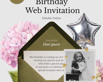 Modello di invito per sito web di festa di compleanno / Invito web moderno in Canva / Landing page digitale per eventi
