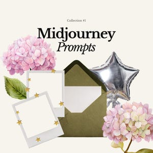 Puede incluir: Composición artística con el texto "Midjourney Prompts" y "Colección #1". La imagen incluye hortensias rosas, un sobre verde, marcos en blanco estilo polaroid con estrellas doradas y un globo plateado en forma de estrella.