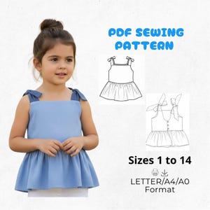 Girls Peplum Top Sewing Pattern, Tie Shoulder Blouse (Sizes 1-14) Digital Download