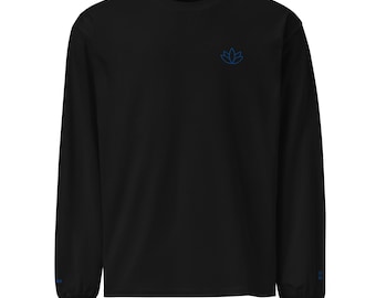 Déjate llevar o déjate llevar — Camisa de manga larga minimalista con bordado de loto (unisex) (negra con hilo azul)