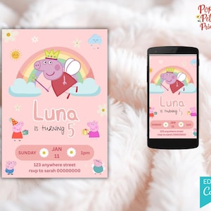 Könnte beinhalten: Eine rosa Geburtstagseinladung und ein Smartphone-Bildschirm mit einem Cartoon-Schwein mit Krone, Regenbogen und dem Text "Luna wird 5". Die Einladung enthält Datum, Uhrzeit und RSVP-Informationen. Der Telefonbildschirm spiegelt das Design wider.