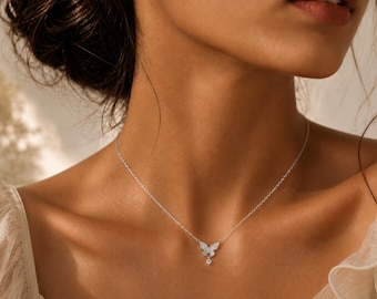 Silver Toned Mother-of-Pearl Butterfly Necklace, Dainty Butterfly Choker with Crystal Drop, Delicate Shell Pendant Jewelry Gift