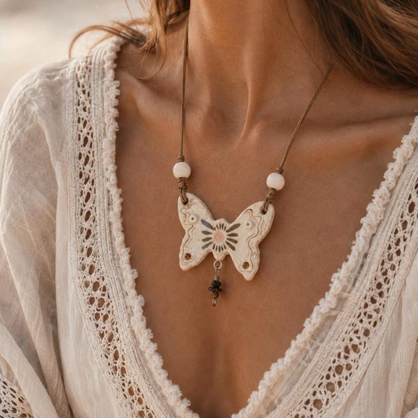 Handmade Butterfly Necklace, Fairycore Moth Pendant, Cottagecore Boho Jewelry, Whimsical Ceramic Pendant Gift for Her