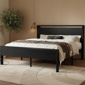May include: A black wooden bed frame with a headboard and footboard. The bed is made with white bedding and a brown blanket. The room has a neutral color palette with a beige rug and a wooden bench.