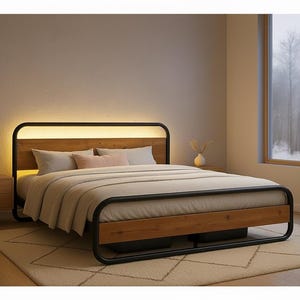 May include: A modern bed frame with a wooden headboard and black metal frame. The headboard has a built-in light. The bed is made up with pillows and a beige blanket. A beige rug is under the bed. The room has a window with a view of trees.