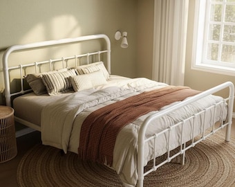 Victorian Metal Platform Bed Frame – White Wrought Iron Queen Bed, No Box Spring