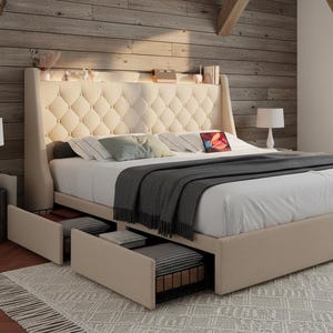 King Upholstered Bed Frame, Wingback Headboard, Storage Drawers, USB-C Charging Station