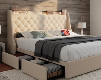 Upholstered Bed Frame with Storage Drawers, Wingback Headboard Bed with USB Type C Charging Station, King Platform Bed No Box Spring Beige