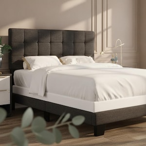 Panel Bed Frame Queen with Adjustable Headboard, Dark Grey Upholstered Bed, Square Stitched Padded Headboard