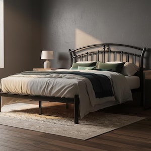 May include: A black metal bed frame with a decorative headboard is the focal point of this bedroom scene. The bed is made with a white comforter, green and navy pillows, and a navy throw. Two matching lamps sit on nightstands on either side of the bed.
