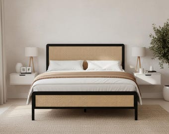 Twin, Full, Queen Size Bed Frame with Headboard – Rattan Platform Bed, Metal Slats Support, No Box Spring Required, Easy Assembly, Black