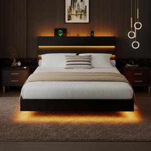 May include: A modern black bed frame with integrated lighting. The headboard features a built-in light strip, and the bed appears to float above a glowing rug. The room has a warm, inviting ambiance with dark wood nightstands.