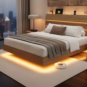 May include: A wooden platform bed frame with an integrated headboard featuring horizontal slats and warm LED strip lighting. The bed is dressed in white linens with a brown throw blanket and a brown accent pillow, positioned above a glowing floor.