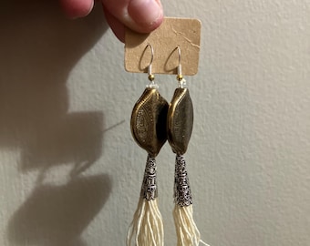 Gold bead  silver cap and white tassel earring