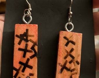 Wood block earrings with x,s