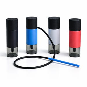 May include: Four cylindrical devices with black textured caps and translucent grey bases. The bodies are matte black, blue, white, and red. A long black flexible tube with a blue tip is connected to the blue device, extending across the foreground.