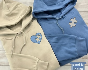 Custom Heart and Puzzle Piece Couples Sweatshirt, Couple Matching Hoodie, Initial With Heart On Sleeve, Anniversary Gift,Valentines Day Gift