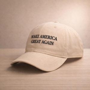 May include: A beige baseball cap with the text "MAKE AMERICA GREAT AGAIN" in black. The cap has a curved brim and a rounded crown. The hat is made of a soft fabric and is likely adjustable.