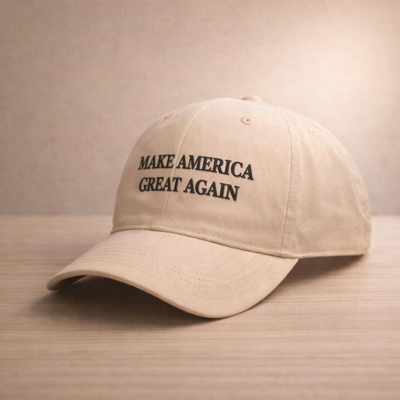 May include: A beige baseball cap with the text "MAKE AMERICA GREAT AGAIN" in black. The cap has a curved brim and a rounded crown. The hat is made of a soft fabric and is likely adjustable.