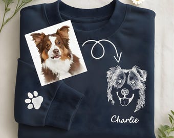 Sudadera con retrato de mascota personalizado, sudadera con capucha con foto de perro o gato personalizada, suéter con cara de mascota con arte lineal, regalo para mamá de perro, regalo conmemorativo con nombre de mascota.