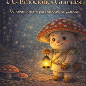 May include: A whimsical illustration of a mushroom-like character holding a lantern, set in a forest. The character wears a vest and has a mushroom cap for a head. The text "Lumo y la Linterna de las Emociones Grandes" is displayed at the top.