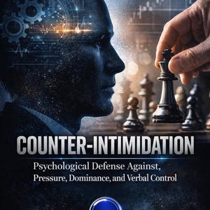 May include: Book cover with the title "COUNTER-INTIMIDATION" and the subtitle "Psychological Defense Against, Pressure, Dominance, and Verbal Control." The image features a chess game and a man's profile.