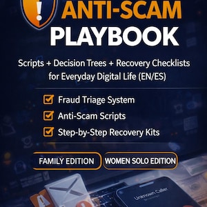 Puede incluir: Gráfico digital que promociona el "Anti-Scam Playbook". La imagen presenta un escudo con un signo de exclamación, el título y viñetas que enumeran las características. La parte inferior muestra una computadora portátil, dinero y un teléfono inteligente con una notificación de "Llamada desconocida".