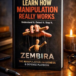 Puede incluir: Un libro titulado "Learn How Manipulation Really Works" con el subtítulo "Understand It. Detect It. Stop It." La portada presenta una marioneta y cuerdas, con el nombre del autor, Zembira, y la frase "The Manipulation Awareness & Defense Playbook."